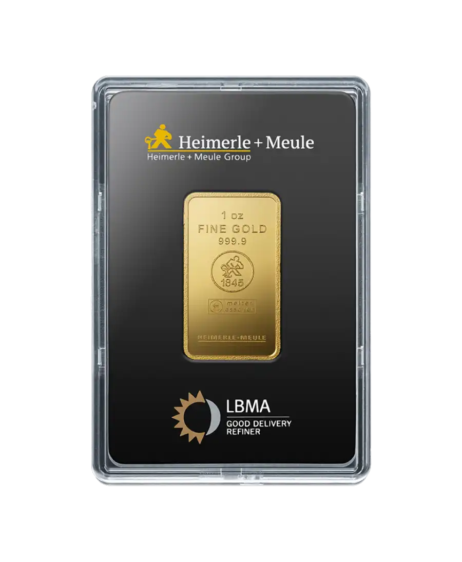 voorkant van de 1 ounce HEIMERLE + MEULE goudbaar van gerecycled 24K puur goud te koop en verkrijgbaar bij VIRTU LUXURY voorkant van de 1 ounce HEIMERLE + MEULE goudbaar van gerecycled 24K puur goud te koop en verkrijgbaar bij VIRTU LUXURY