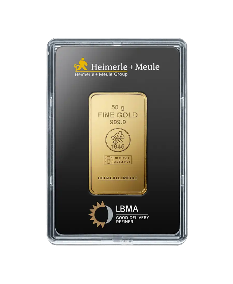 voorkant van de goudbaar van 50 gram van HEIMERLE + MEULE van zuiver 24k goud te koop en verkrijgbaar bij VIRTU LUXURY voorkant van de goudbaar van 50 gram van HEIMERLE + MEULE van zuiver 24k goud te koop en verkrijgbaar bij VIRTU LUXURY