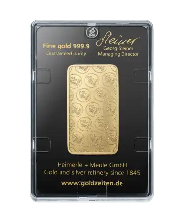 achterkant van het goudbaarretje van 50 gram zuiver 24k gerecycled HEIMERLE + MEULE goud te koop verkrijgbaar bij VIRTU LUXURY
