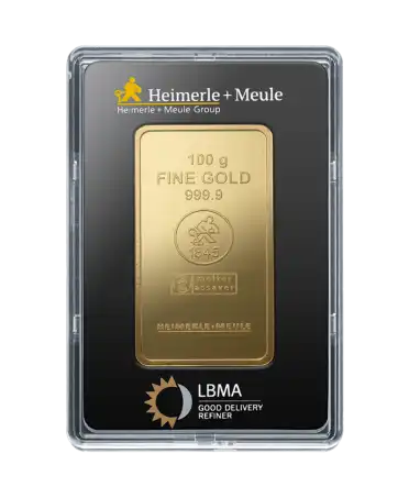 avant du lingotin 100 Grammes de HEIMERLE + MEULE d'or pur 24K recyclé en vente disponible chez VIRTU LUXURY