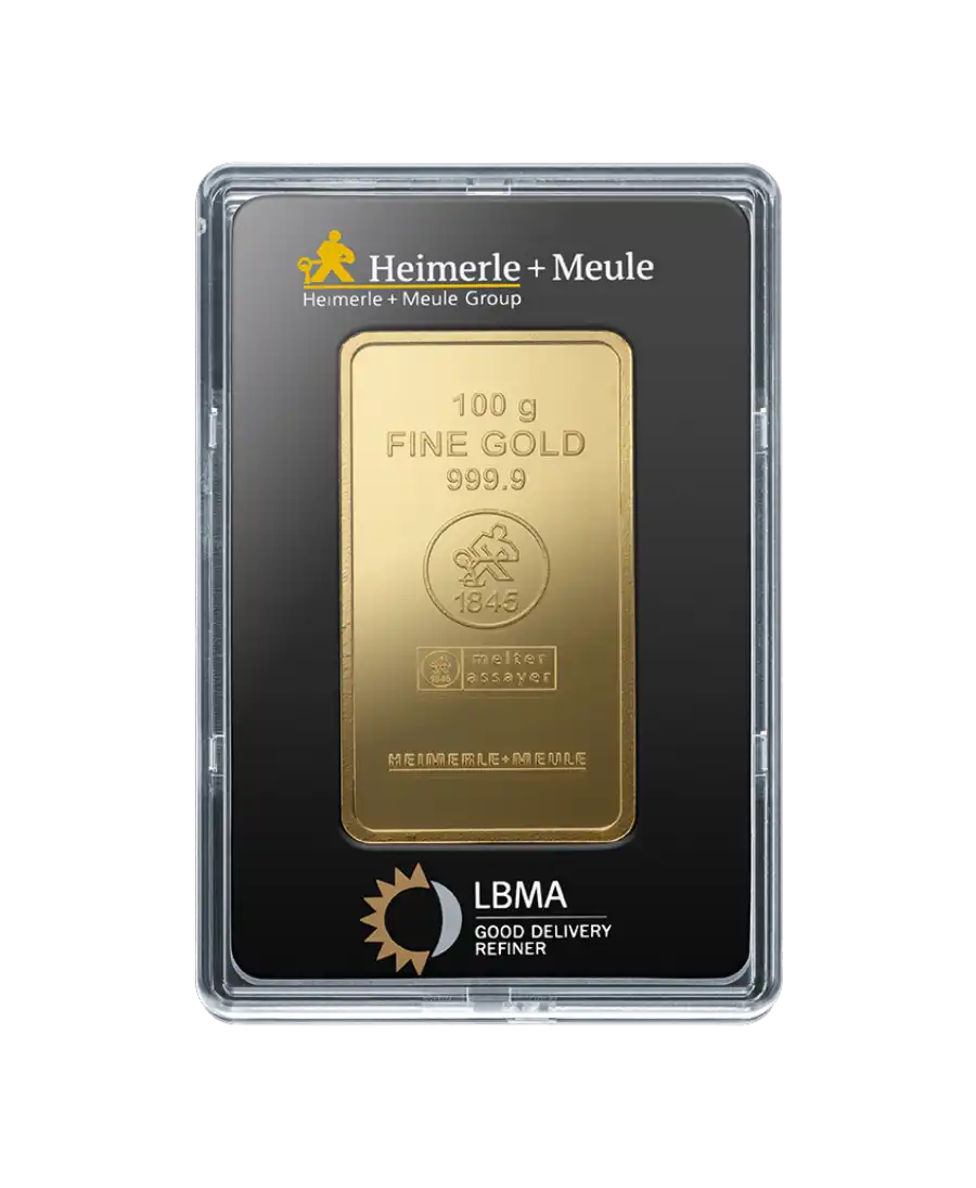 voorkant van de gouden staaf van 100 gram van HEIMERLE + MEULE, puur 24K gerecycled goud te koop bij VIRTU LUXURY voorkant van de gouden staaf van 100 gram van HEIMERLE + MEULE, puur 24K gerecycled goud te koop bij VIRTU LUXURY