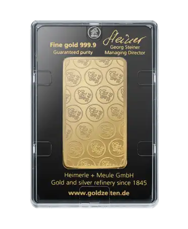 achterkant van de gouden staaf van honderd gram van HEIMERLE & MEULE, puur 24K gerecycled goud te koop bij VIRTU LUXURY