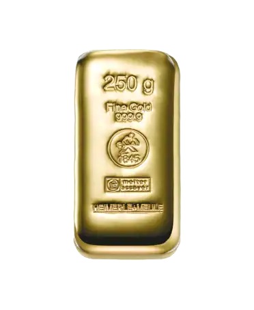 gegoten baar HEIMERLE ET MEULE van 250 gram 24K zuiver goud beschikbaar bij VIRTU LUXURY