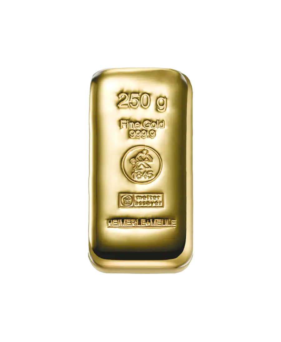 gegoten baar HEIMERLE ET MEULE van 250 gram 24K zuiver goud beschikbaar bij VIRTU LUXURY