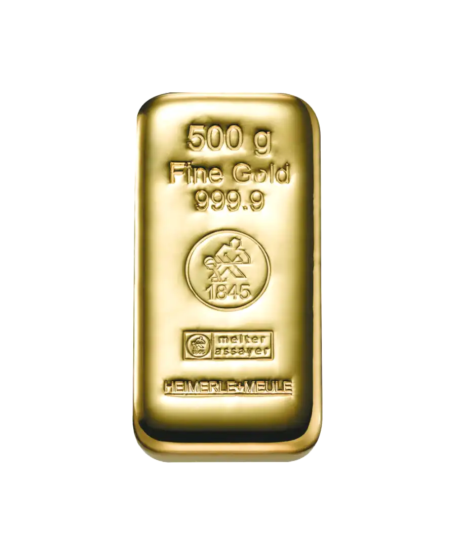 gegoten baren HEIMERLE ET MEULE gegoten van 500 gram 24K gerecycled zuiver goud bij VIRTU LUXURY