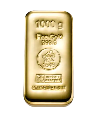Gegoten GOUDEN baar van 1 kg HEIMERLE EN MEULE van zuiver gerecycled 24k goud, te koop bij VIRTU LUXURY