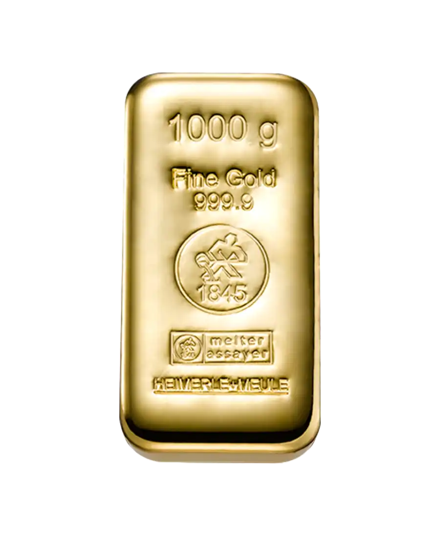 Gegoten GOUDEN baar van 1 kg HEIMERLE EN MEULE van zuiver gerecycled 24k goud, te koop bij VIRTU LUXURY