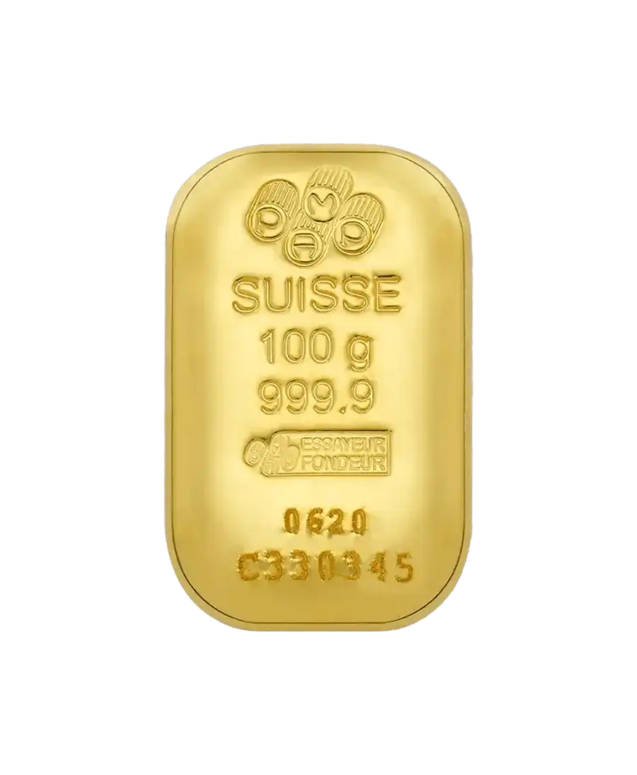 voorkant van de goudbaar van 100 gram zuiver 24k gerecycled PAMP goud te koop verkrijgbaar bij VIRTU LUXURY