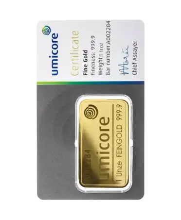 voorkant van de gestempelde goudbaar van één troy ounce van UMICORE van zuiver gerecycled 24k goud te koop en verkrijgbaar bij VIRTU LUXURY