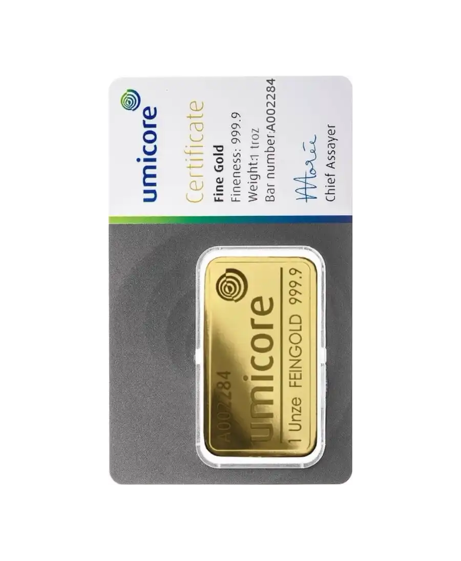 voorkant van de gestempelde goudbaar van één troy ounce van UMICORE van zuiver gerecycled 24k goud te koop en verkrijgbaar bij VIRTU LUXURY