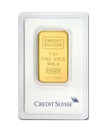voorkant van de geslagen baren van 1 ounce van zuiver 24K gerecycled goud van Credit Suisse te koop bij VIRTU LUXURY