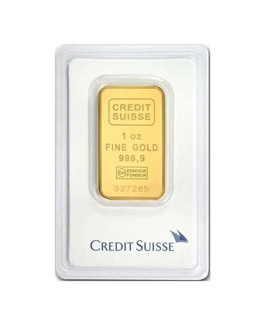 voorkant van de geslagen baren van 1 ounce van zuiver 24K gerecycled goud van Credit Suisse te koop bij VIRTU LUXURY voorkant van de geslagen baren van 1 ounce van zuiver 24K gerecycled goud van Credit Suisse te koop bij VIRTU LUXURY