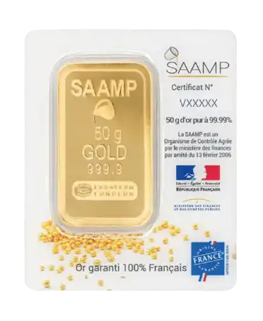 voorkant van de goudbaar van 50 gram SAAMP van zuiver 24k goud te koop en verkrijgbaar bij VIRTU LUXURY