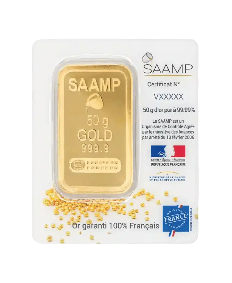 voorkant van de goudbaar van 50 gram SAAMP van zuiver 24k goud te koop en verkrijgbaar bij VIRTU LUXURY