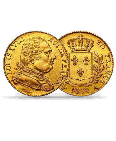pièce de LOUIS D'OR ou encore la 20 Francs Or LOUIS XVIII disponible chez VIRTU LUXURY